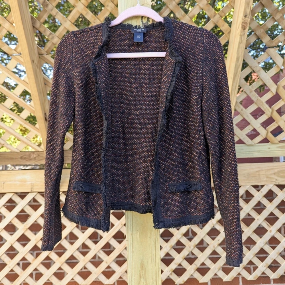Ann Taylor Factory Petite Black, Orange, & Pink Fringe Open Front Knit Cardigan